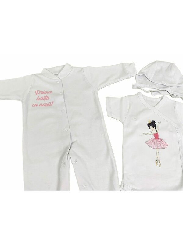 Set de baie pentru bebelusi ,personalizat cu mesaj“Prima baita cu nașii”- Balerina roz
