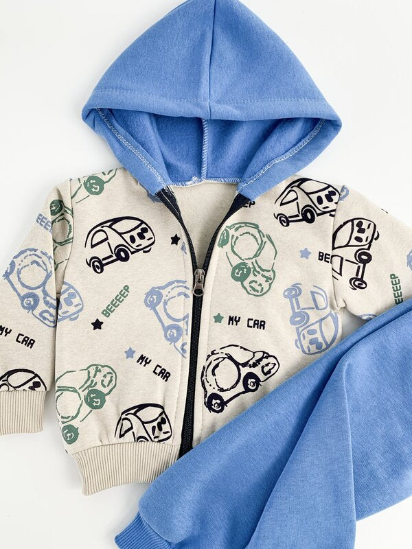 Trening gros copii 2 piese - albastru cu masinute