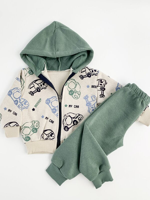 Trening gros copii 2 piese - verde cu masinute