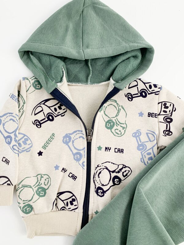 Trening gros copii 2 piese - verde cu masinute