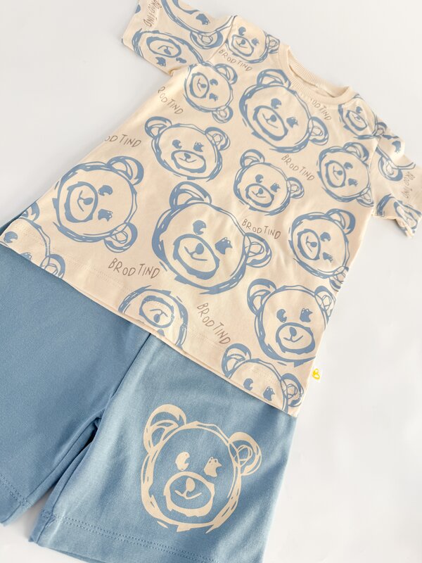 Trening scurt cu ursulet - albastru cu bej