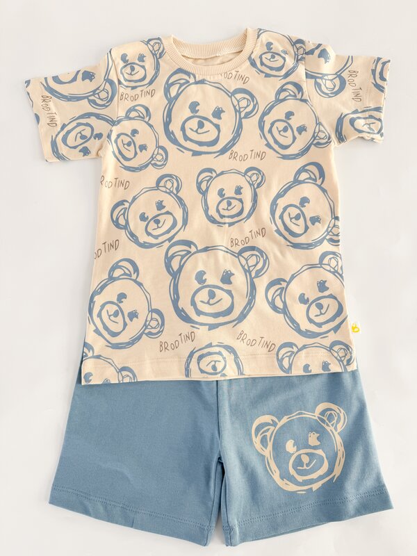 Trening scurt cu ursulet - albastru cu bej