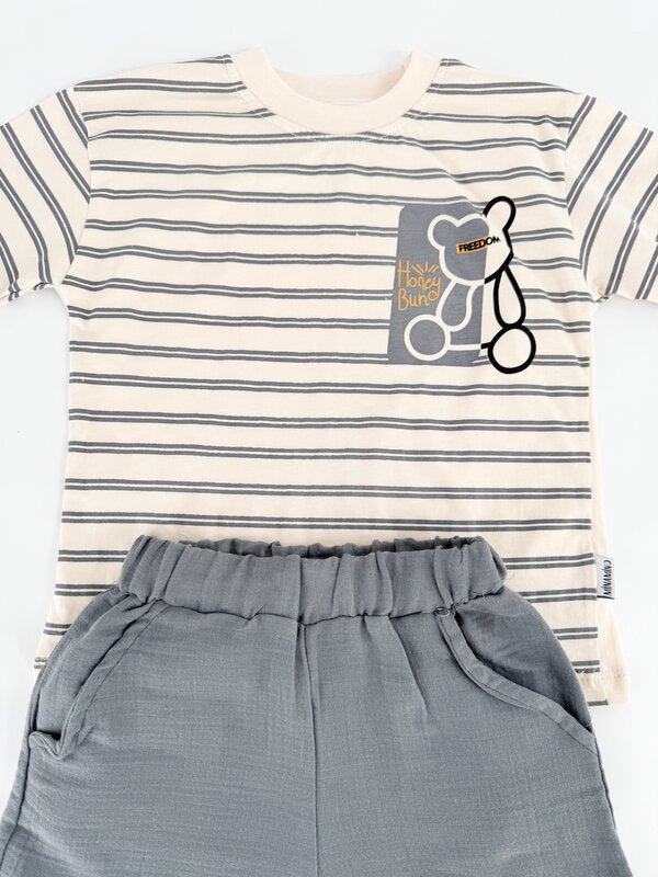 Trening scurt cu ursulet - gri cu bej