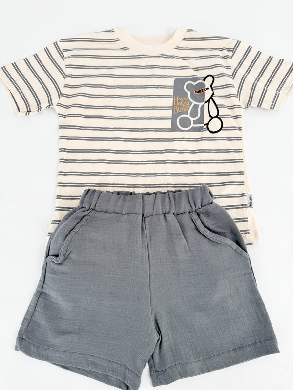 Trening scurt cu ursulet - gri cu bej