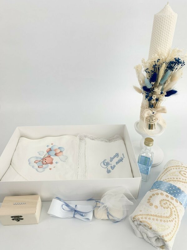 Trusou baiat albastru ursulet cu baloane - cutie capac transparent