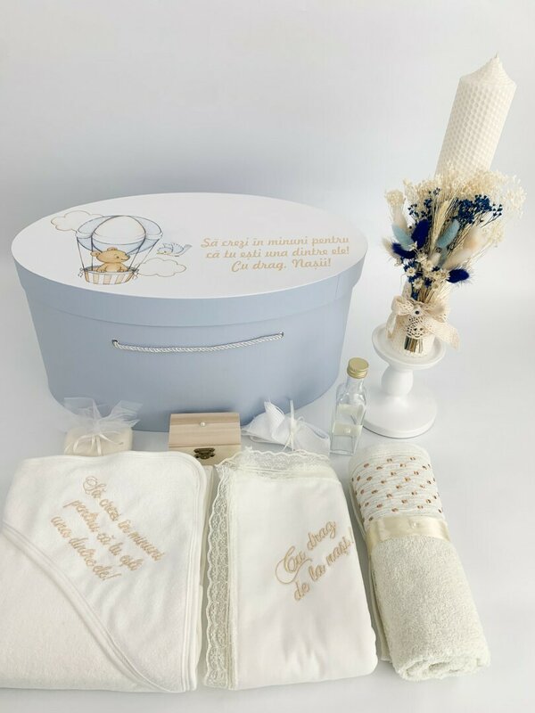 Trusou botez complet albastru cu ursulet in balon