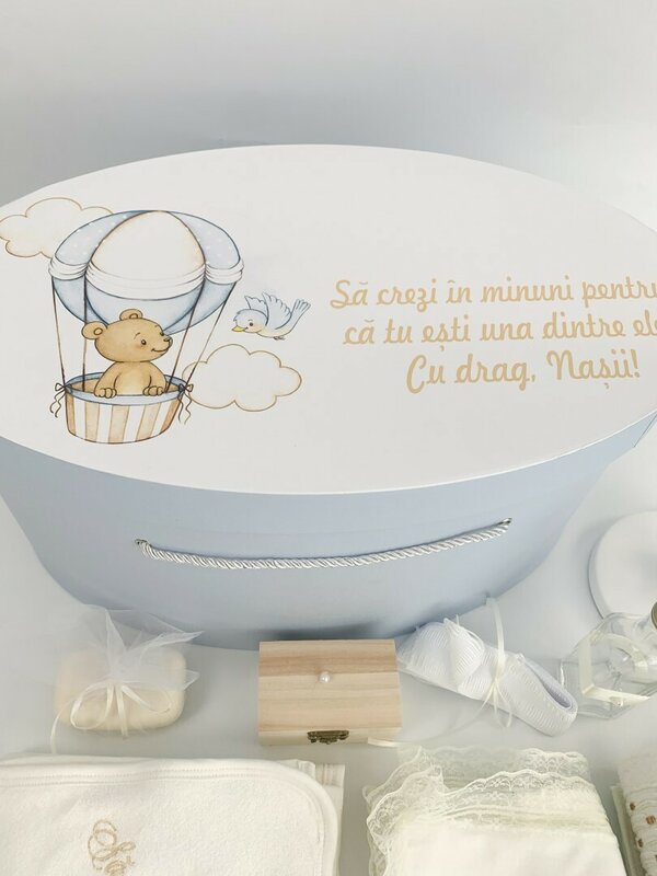 Trusou botez complet albastru cu ursulet in balon