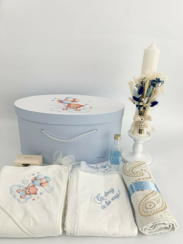 Trusou botez complet albastru cu ursulet si baloane