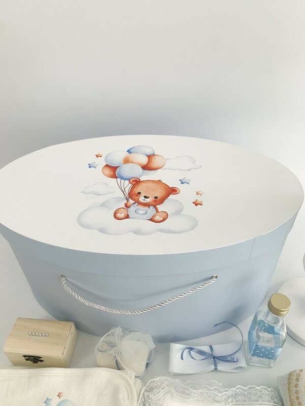 Trusou botez complet albastru cu ursulet si baloane